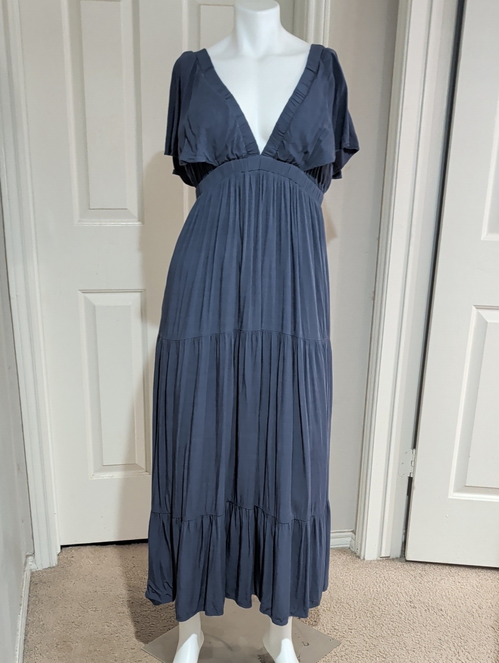 Wishlist Apparel Women's Deep V Tiered Maxi Dress in Slate Blue Medium